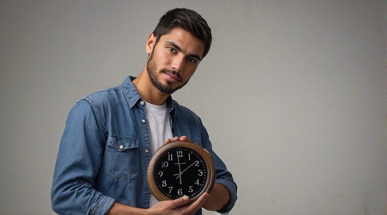 Man holding wall clock.