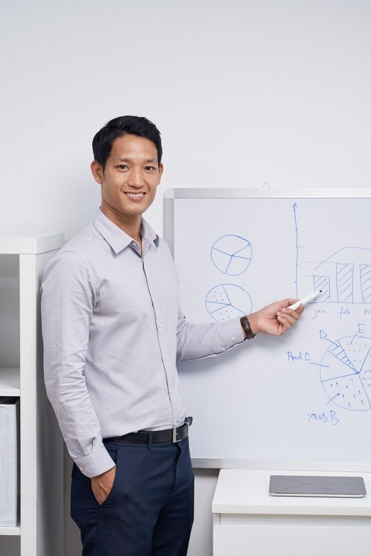 Man is displaying a matrix on a board.