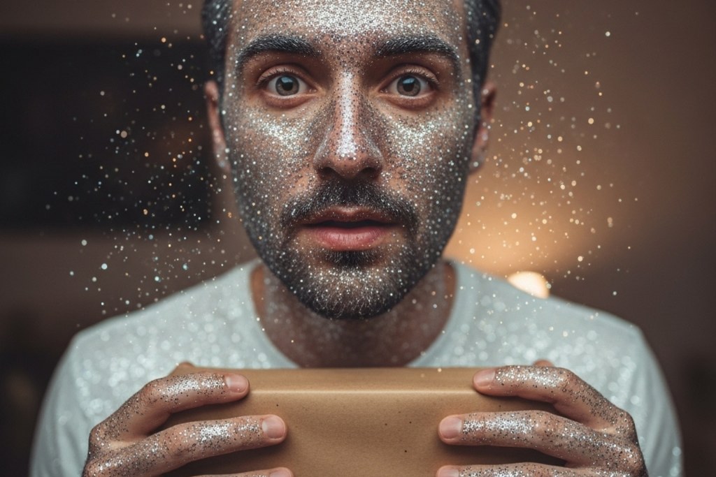 Man's face full of glitter while holding package.