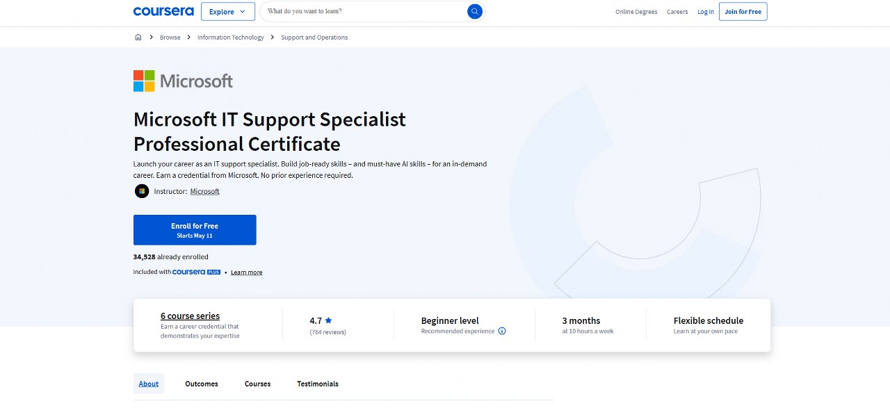 Microsoft IT Support Specialist learning page on Coursera.