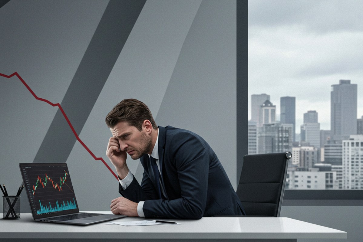 Miserable businessman looking at computer showing down arrow.