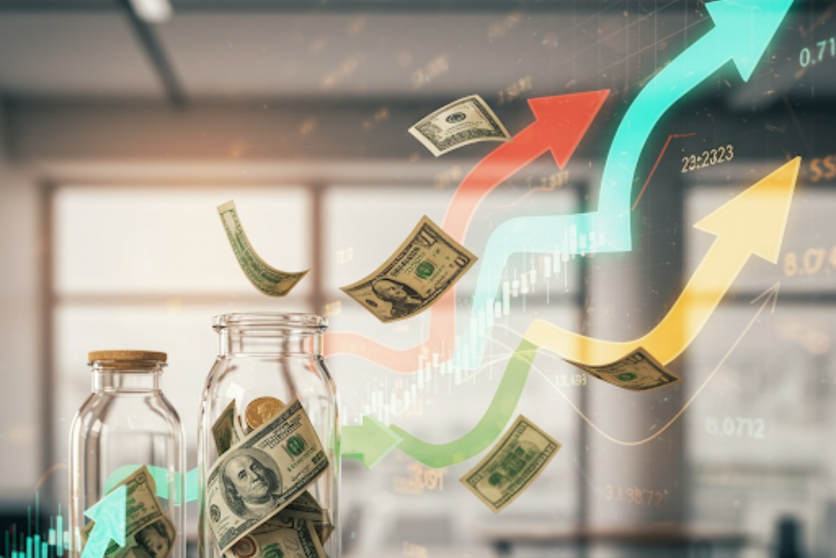 Money inside bottle while some flies upward with arrows and numbers floating about.