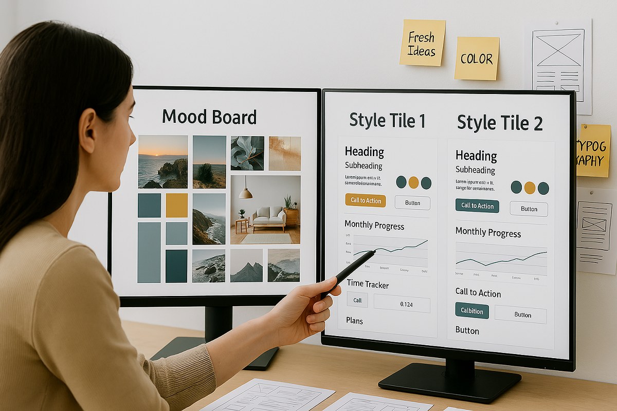 Mood board and style tile sheets on a screen.