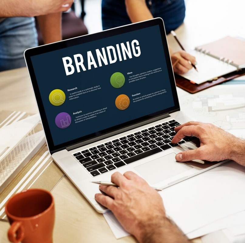 Online marketing and branding concept on laptop.