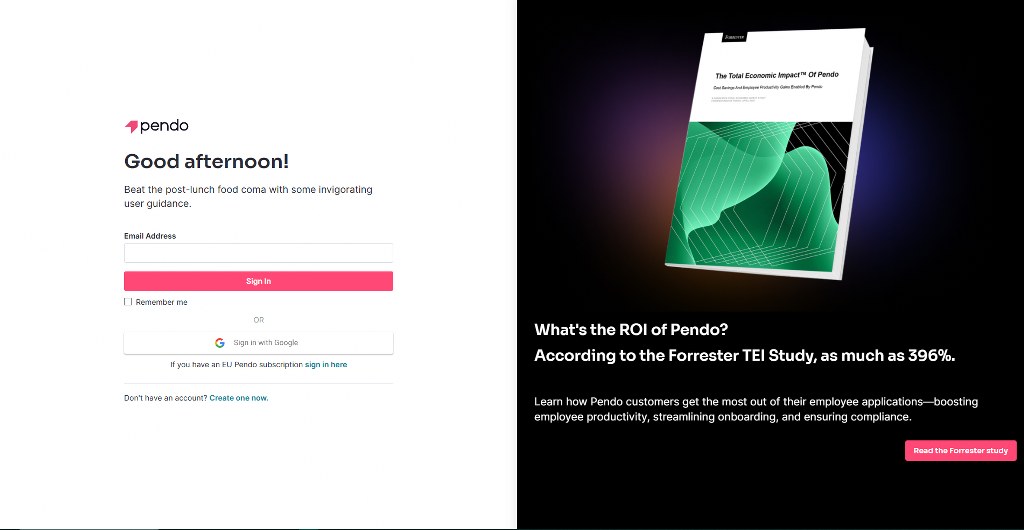 Pendo website sign up page.