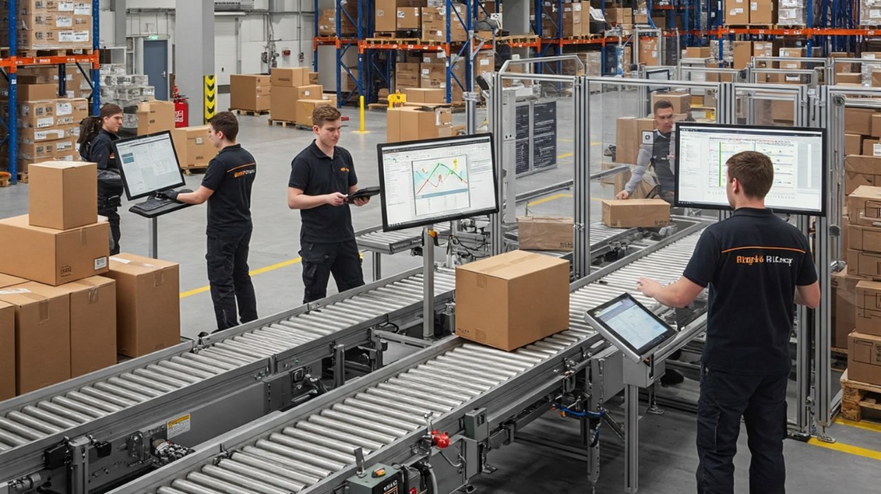 People are working on getting shipments ready in a warehouse.