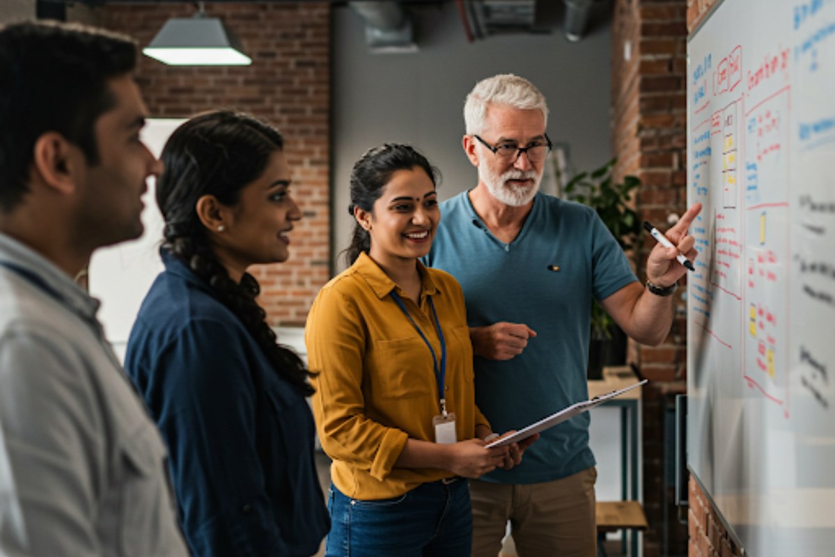 People discussing something over a whiteboard.