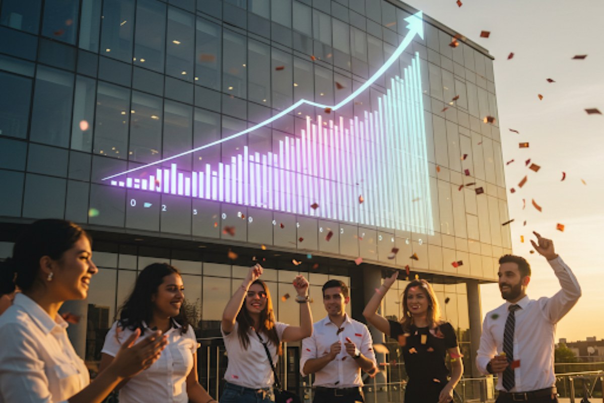 People in a company celebrating companies growth.