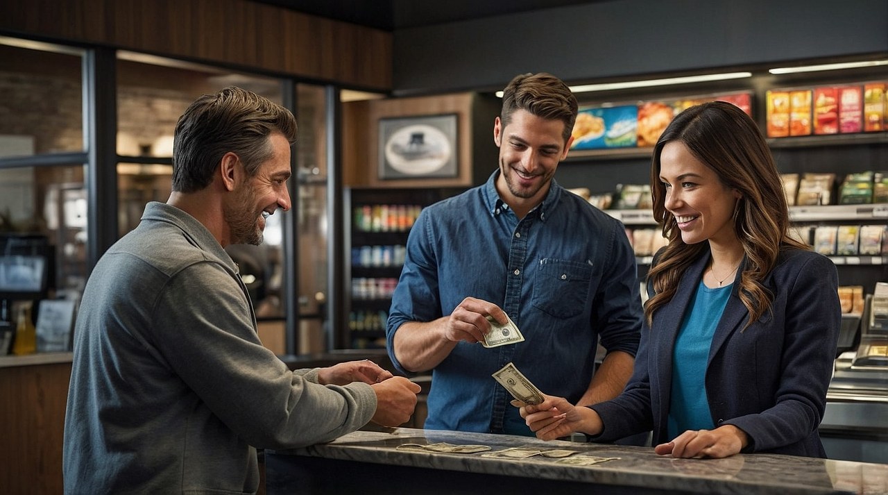 Person paying cash on counter.