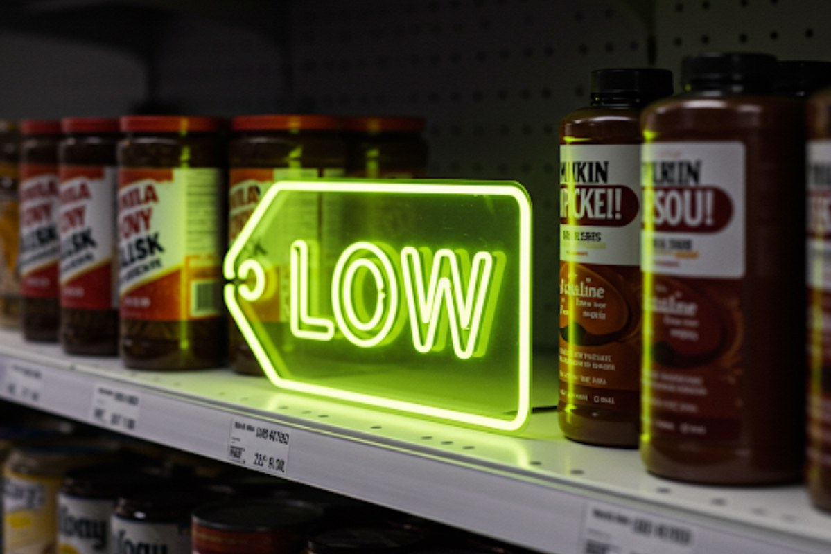 Product on shelves with LOW neon sign.