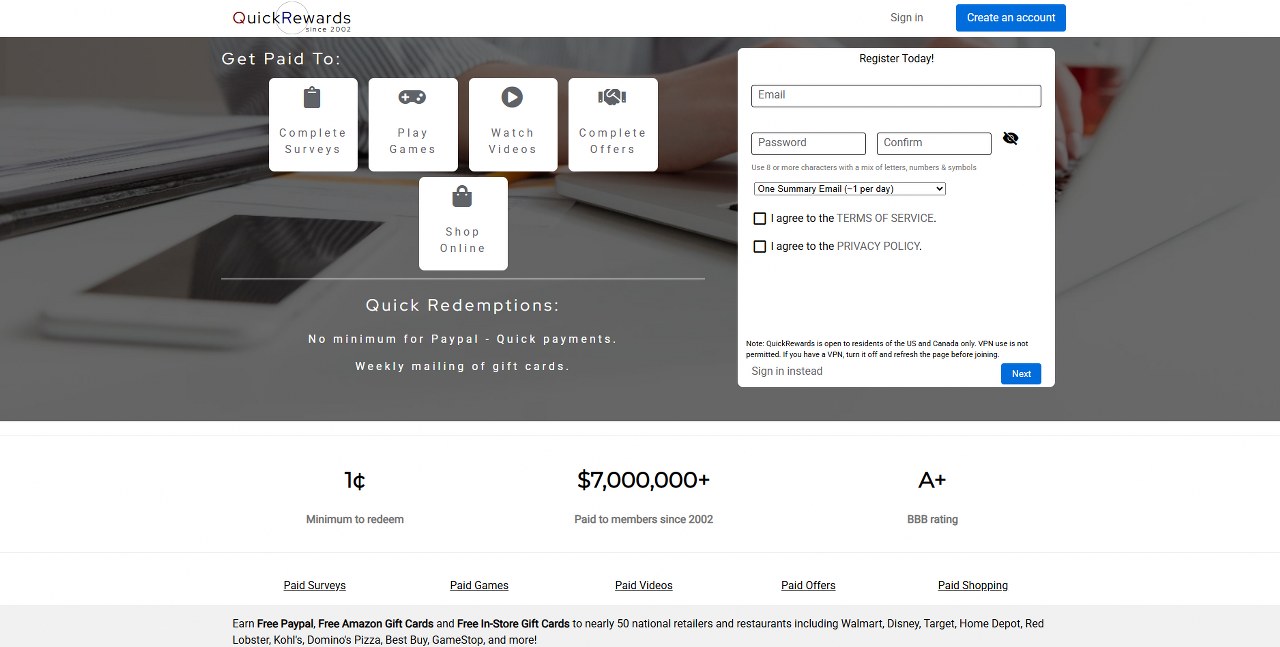 QuickRewards homepage.