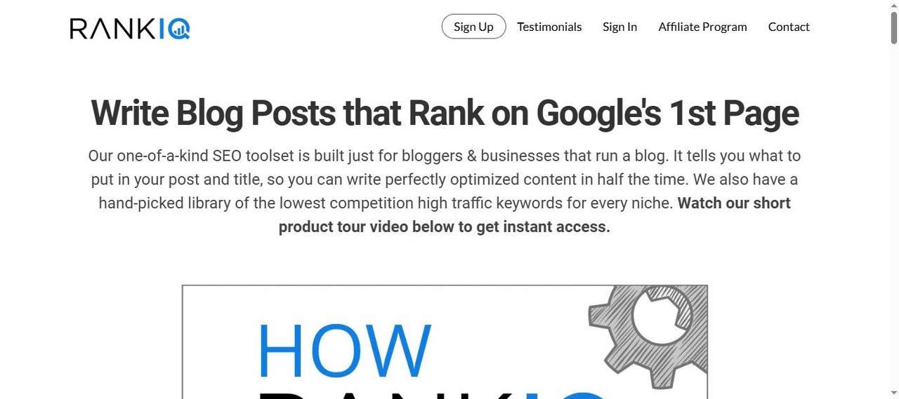 RankIQ.com webpage view.