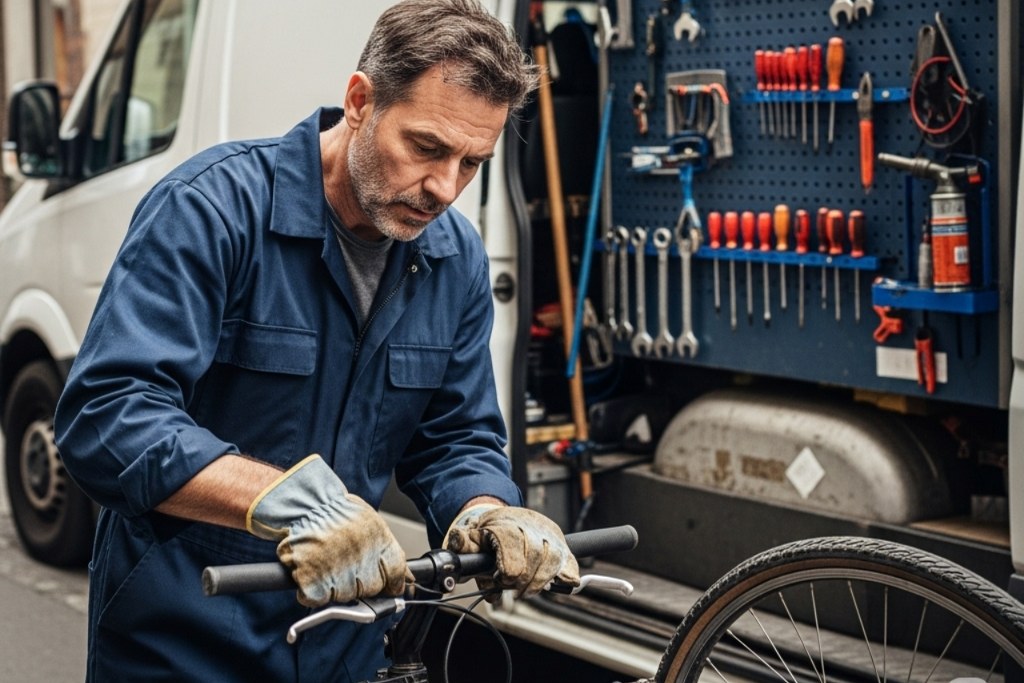 Repairman fixing bike while his van is at the side.