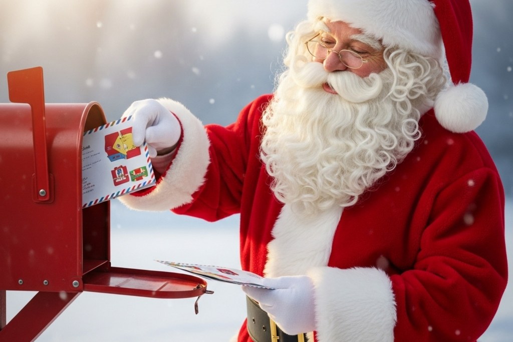 Santa Claus putting letter inside mailbox.