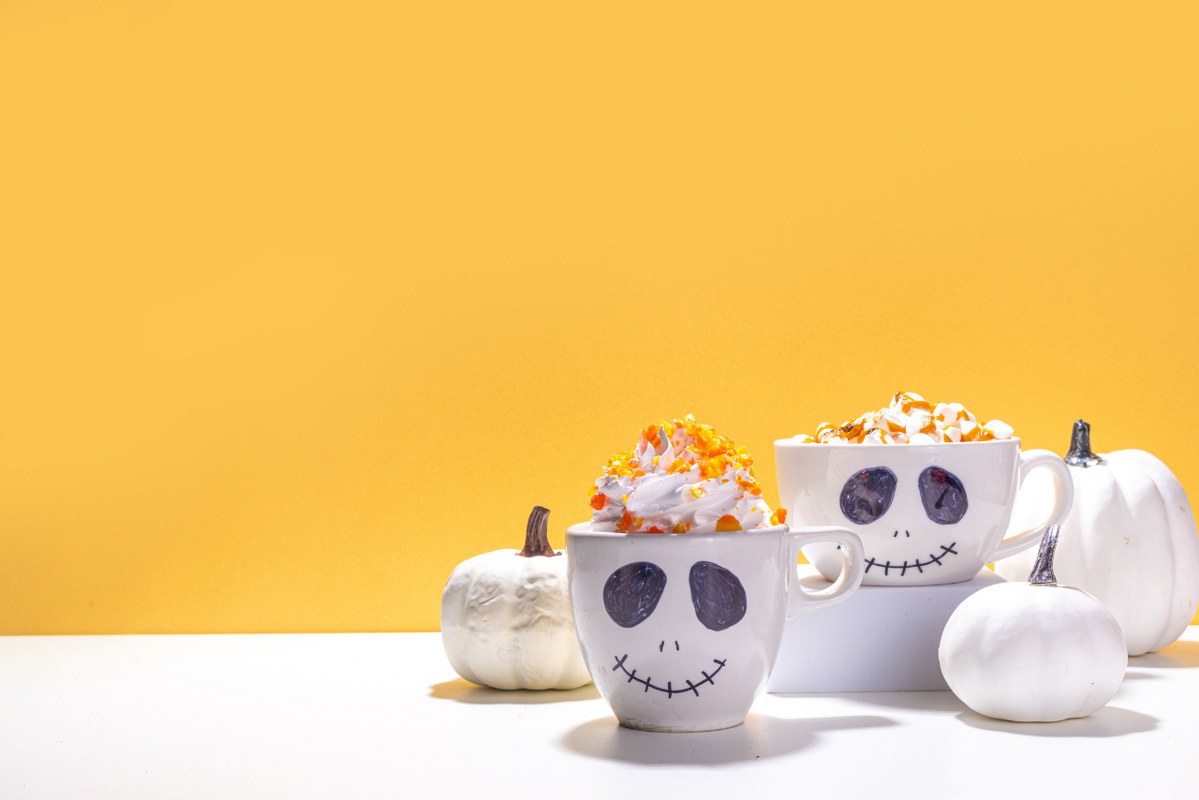 Skeleton Halloween themed hot chocolate mugs.