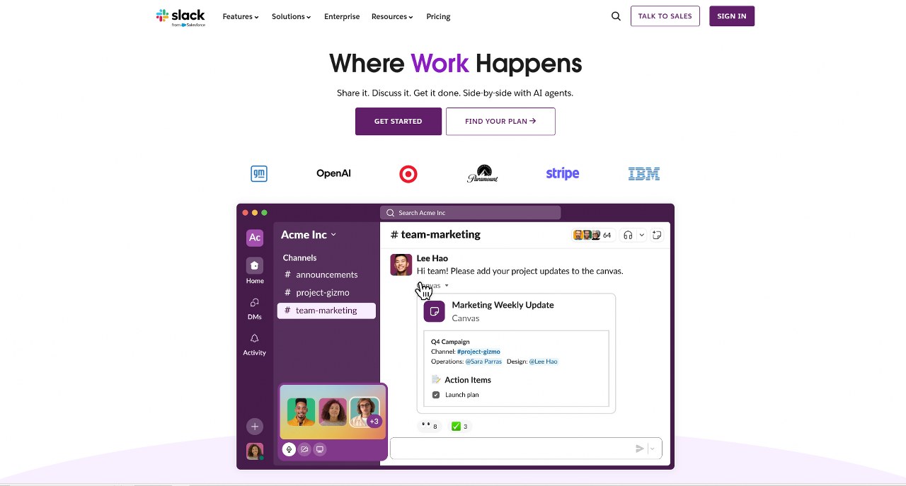 Slack's homepage with the value proposition.