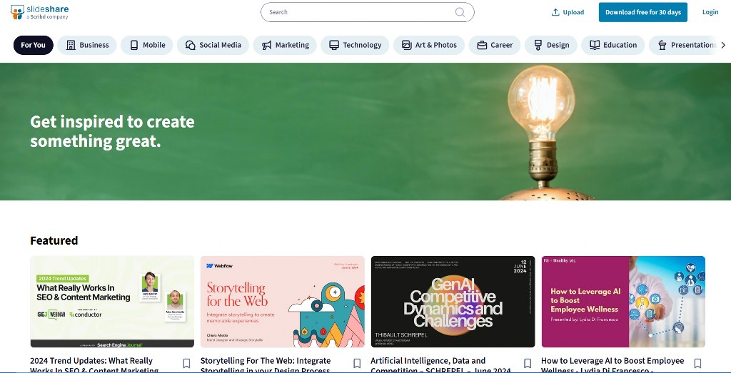 SlideShare website homepage.