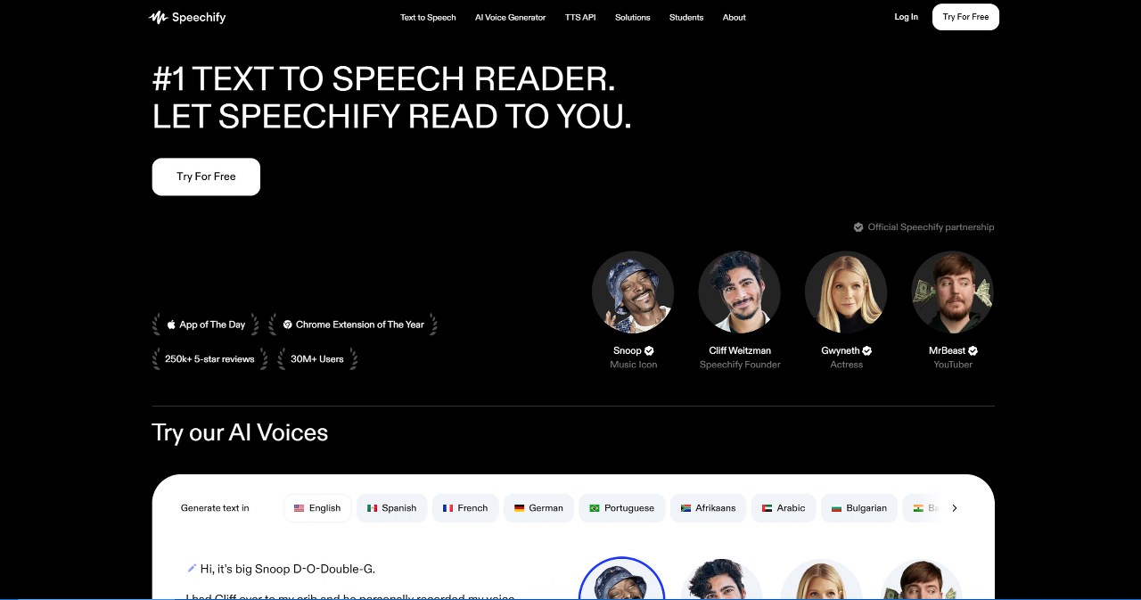 Speechify website homepage.
