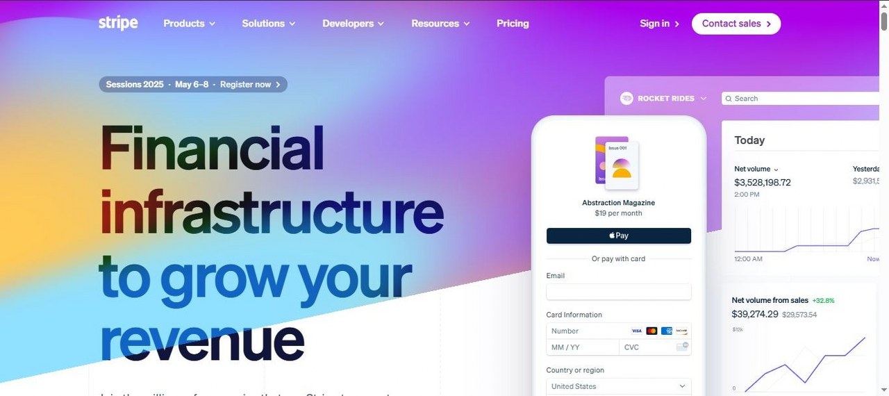 Stripe.com webpage view.