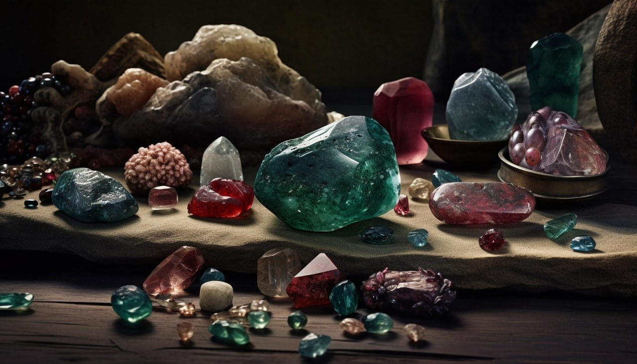The multi-colored gemstone collection showcase.