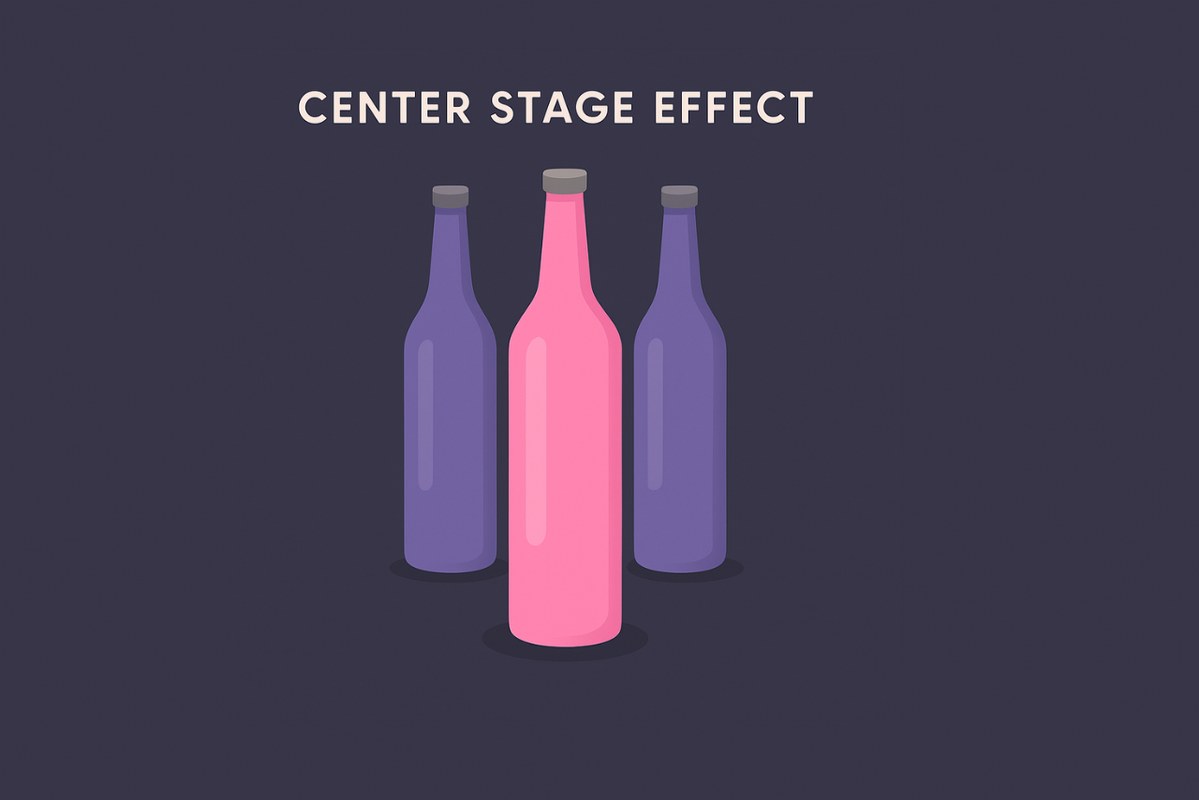 Three bottles with one in the middle.