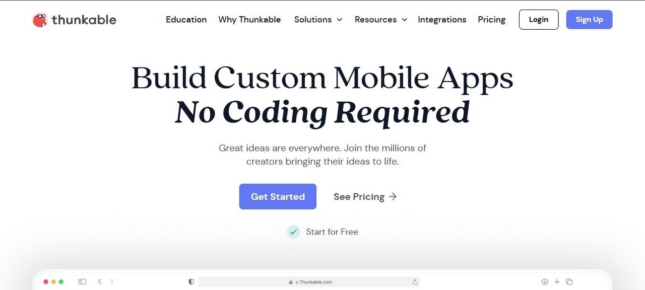 Thunkable webpage view.