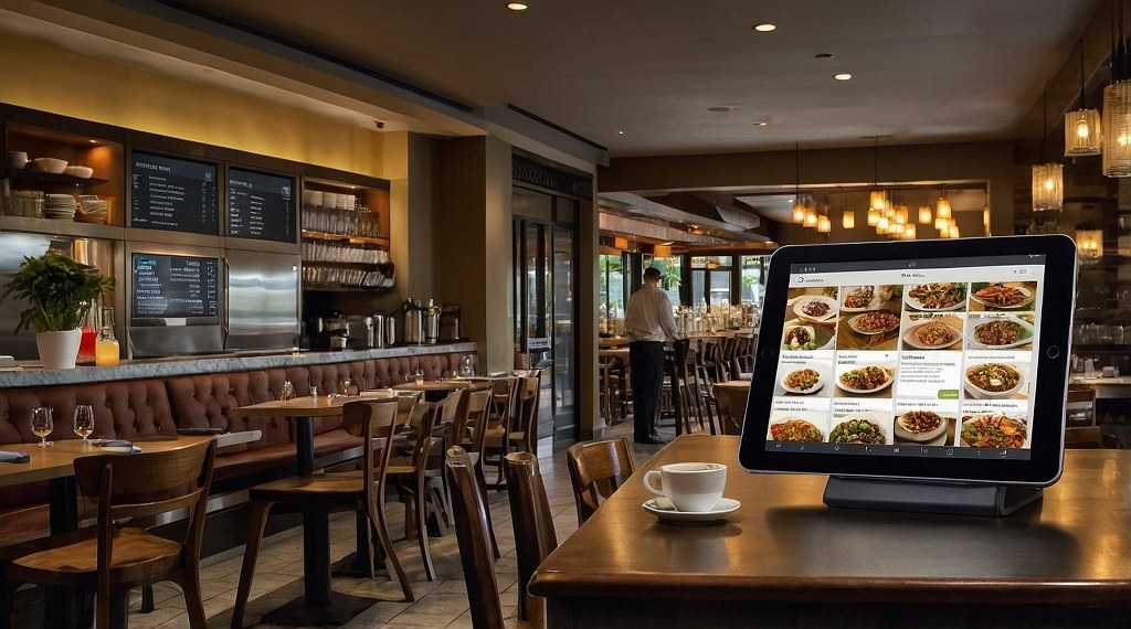 Touchscreen payment system in a restaurant.