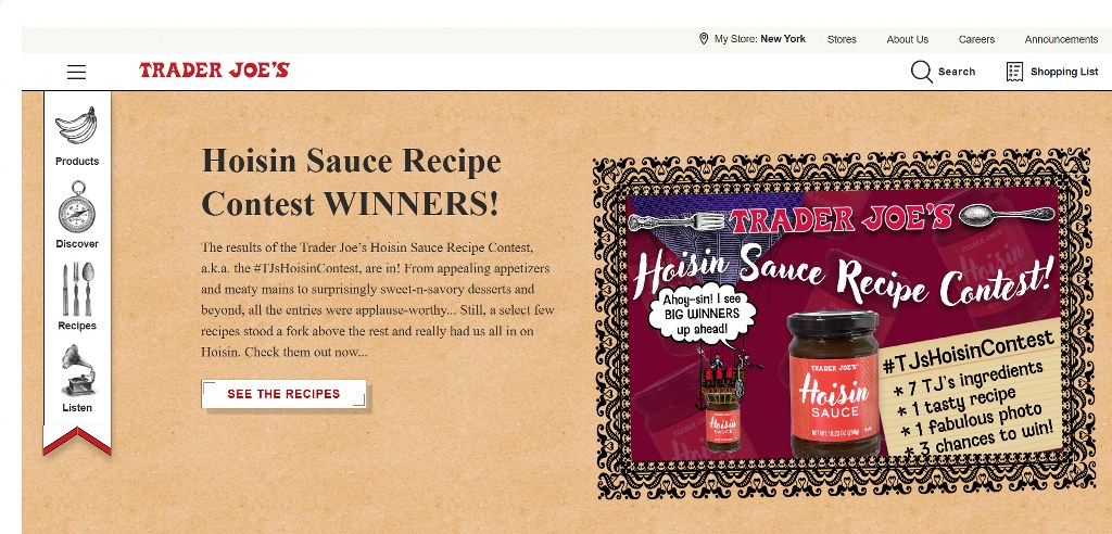 Trader Joe's website homepage. 