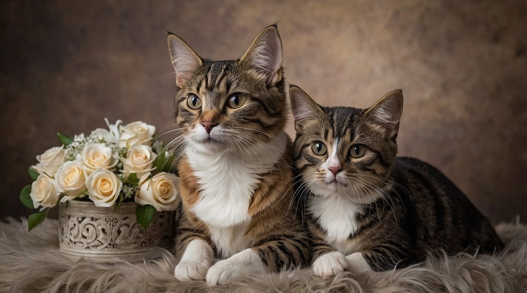 Two cats on a mat beside white roses.