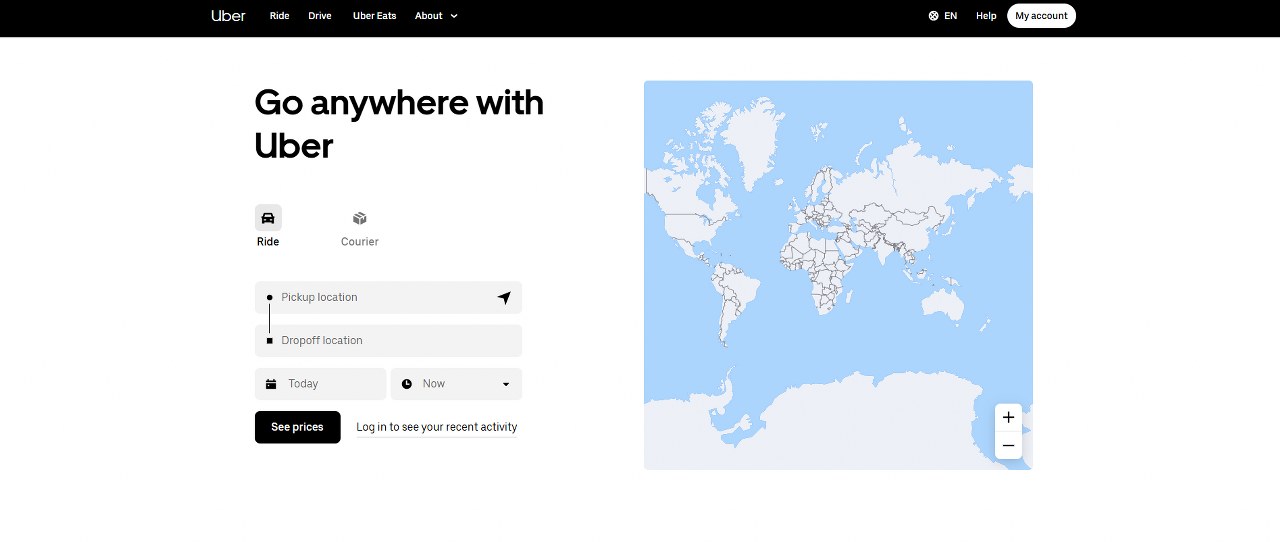Uber website homepage.