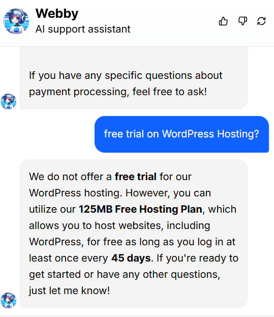 screenshot of AI Support Assistant conversation