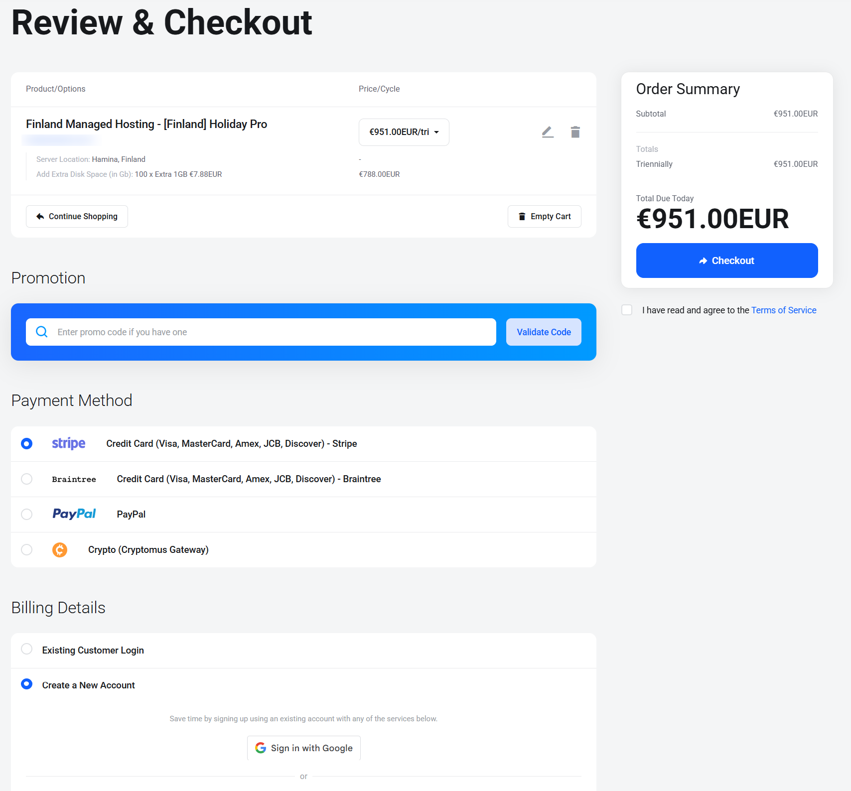 Review & Checkout page