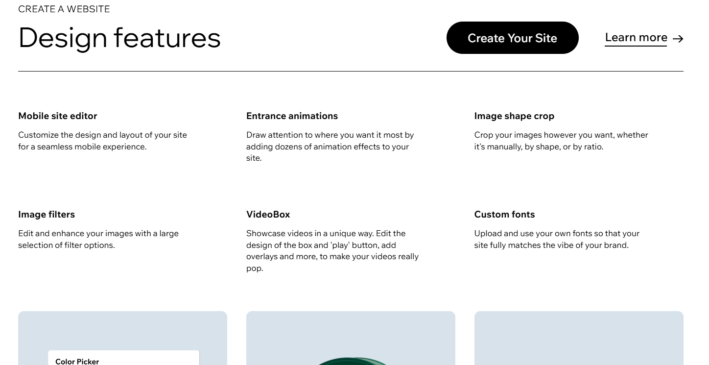 ภาพหน้าจอของฟีเจอร์ของ Wix