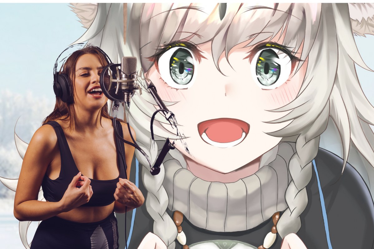 Woman Recording Vocals for an anime character.