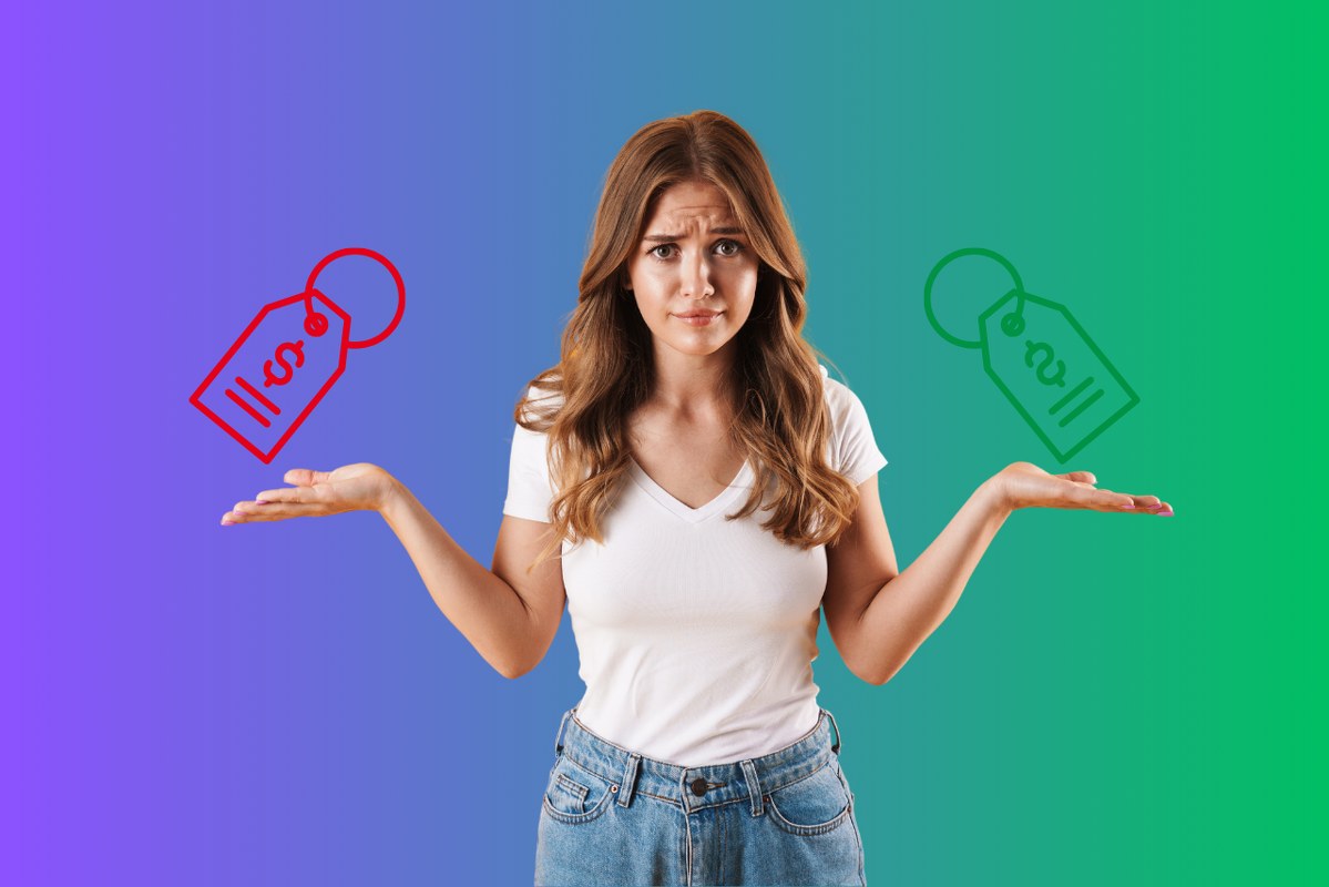 Woman choosing between prices.