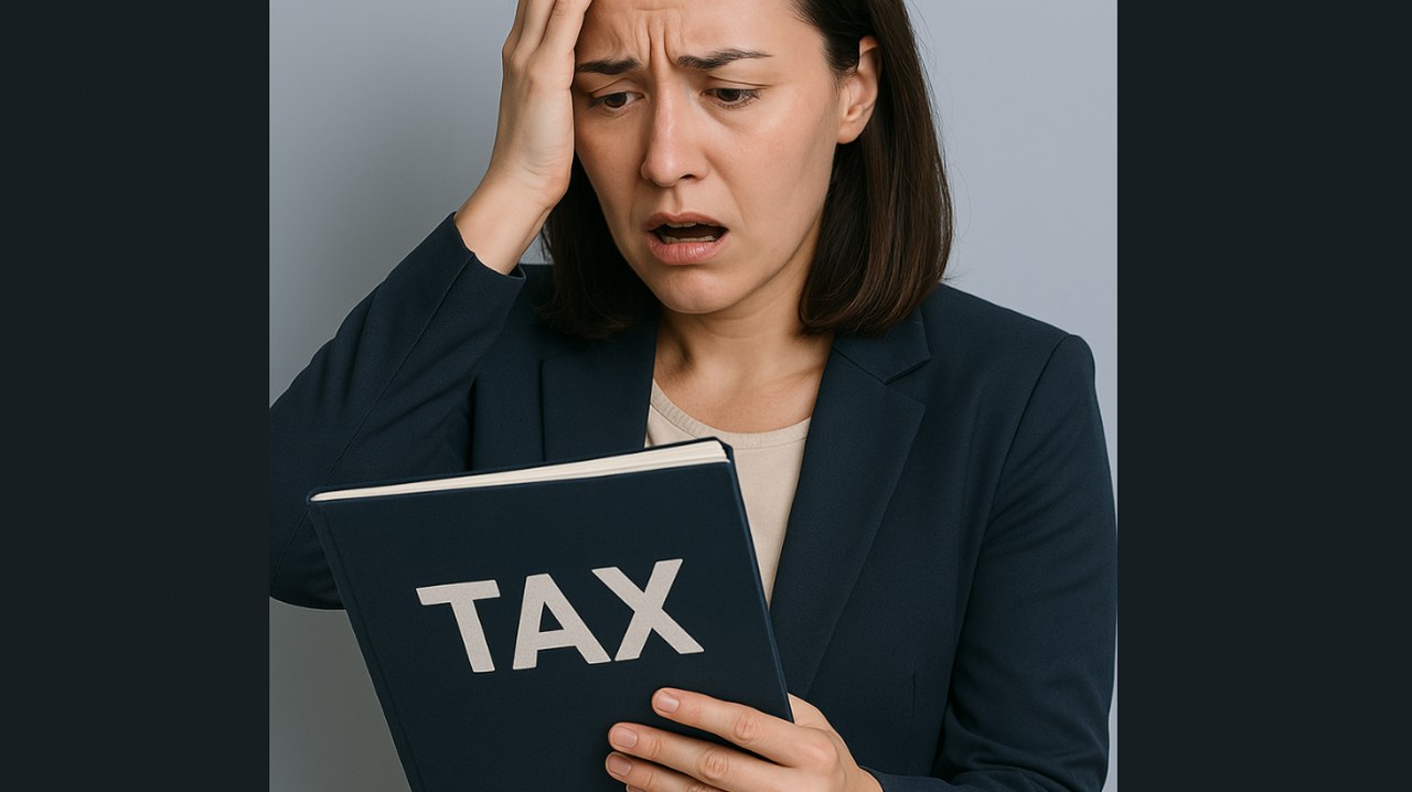 Woman distressed looking at tax fillings.