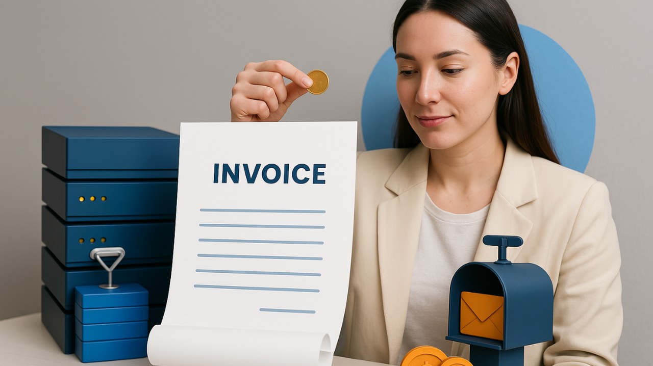 Woman holds coin with invoice and paperworks infront.