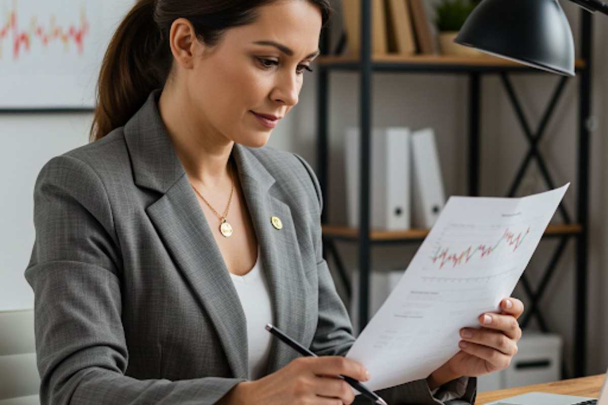 Woman in her 40s analyzing assets.