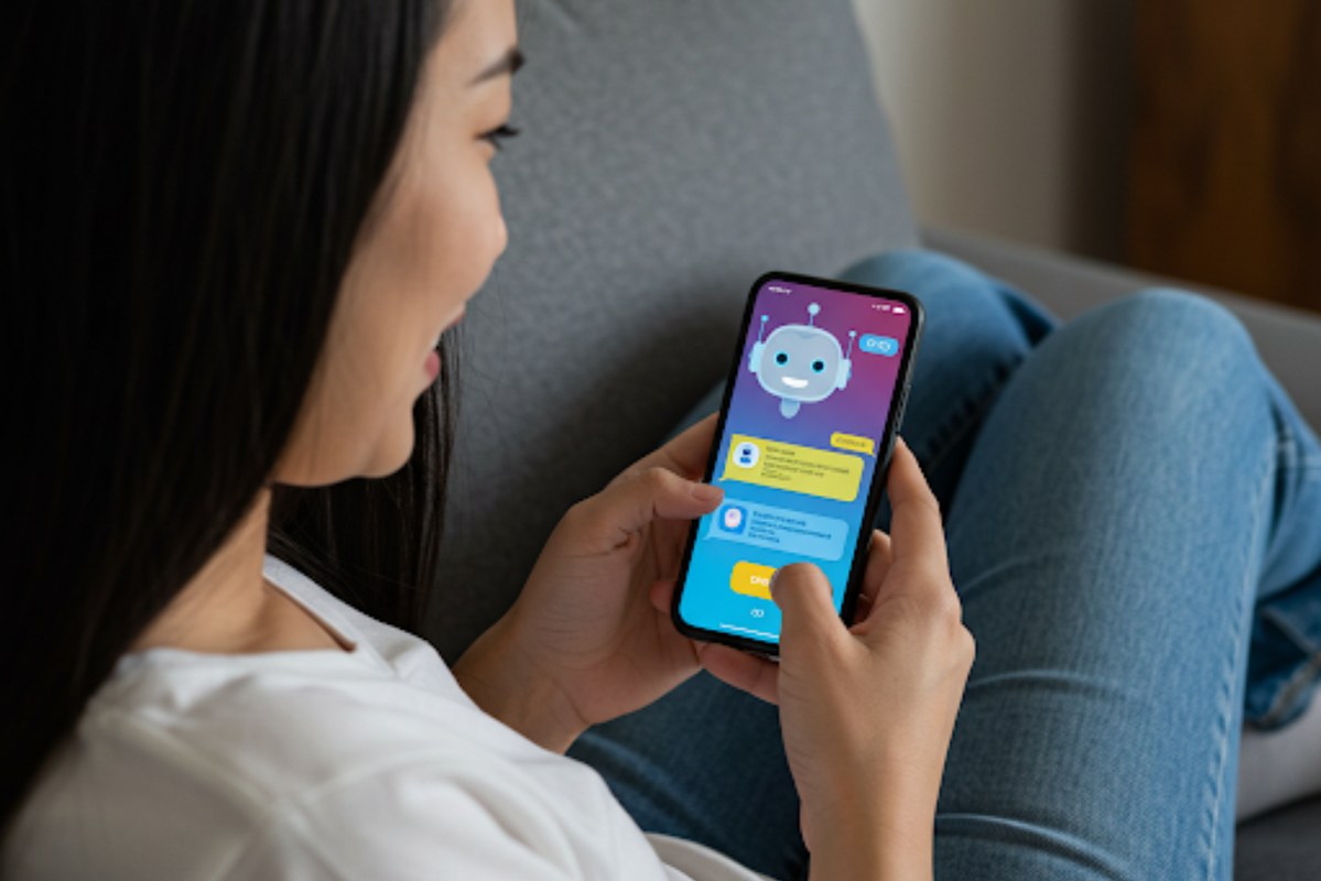 Woman using chatbot.