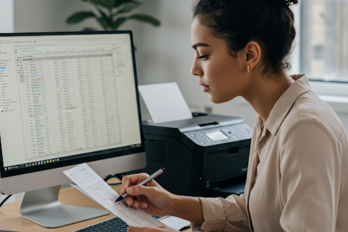 Woman working on bank reconciliation.
