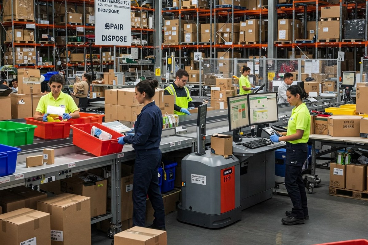 Workers inspecting and sorting returned packages.