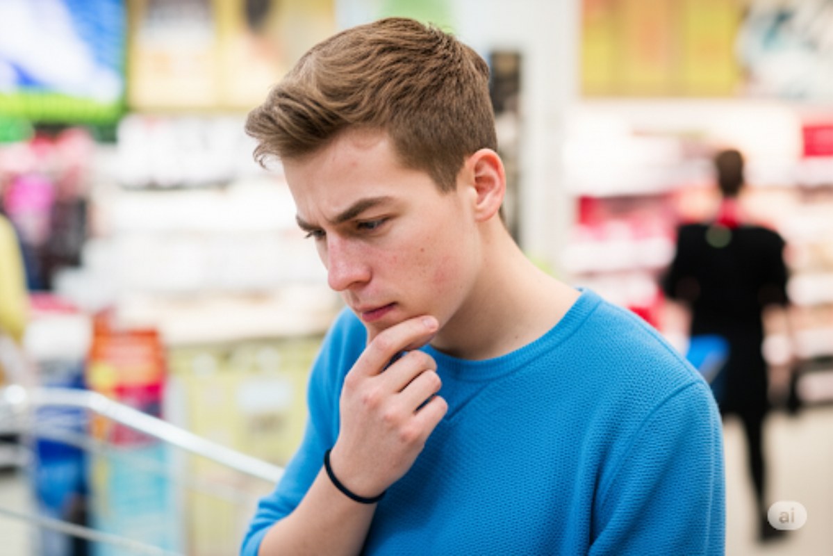 Young consumer thinks carefully before deciding to buy.