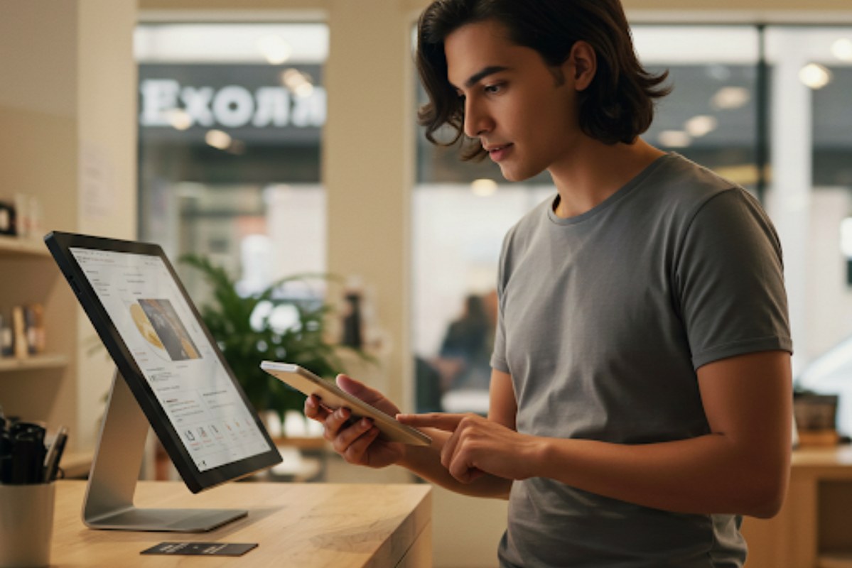 Young customer looking at tablet while infront of computer at a store.