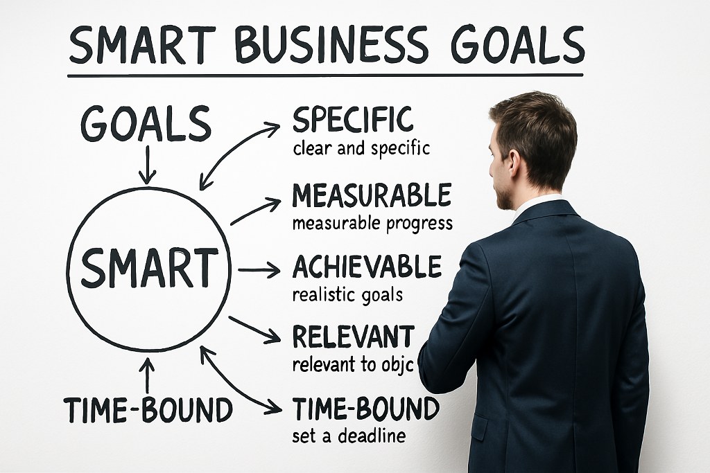 A business executive reviewing how to set SMART goals.