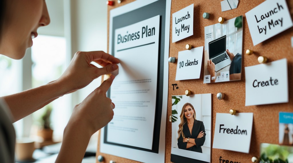 A close-up of a woman's hands pinning a vision board with a mix of handwritten goals, magazine cutouts, and a printed “Business Plan” cover page.