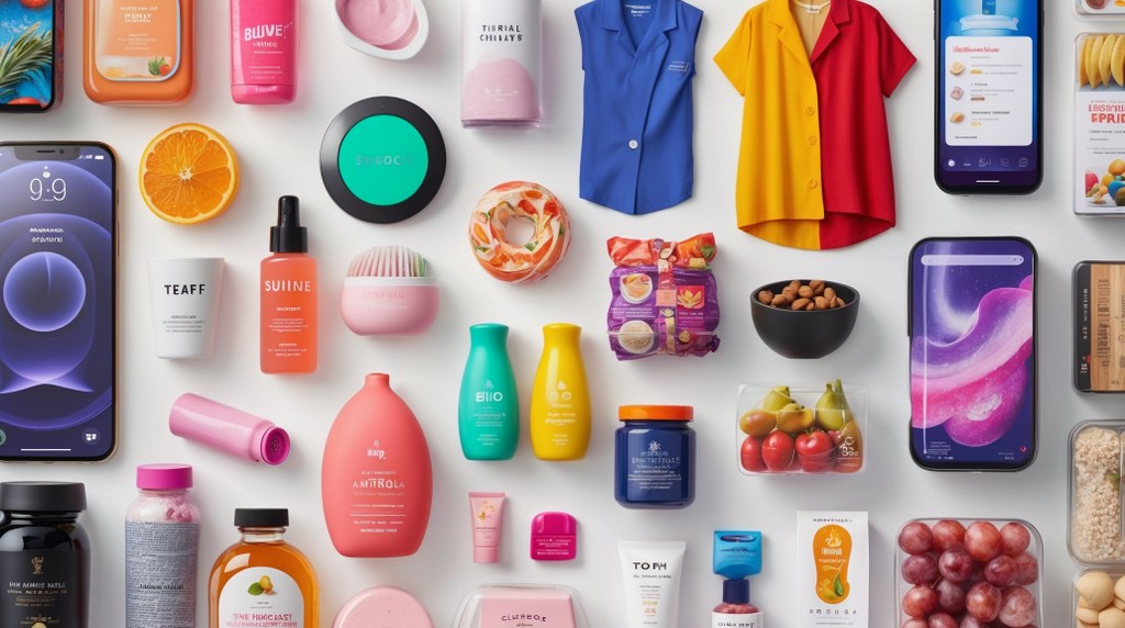 A collage of popular product types—electronics, clothing, beauty items, home goods, and groceries.