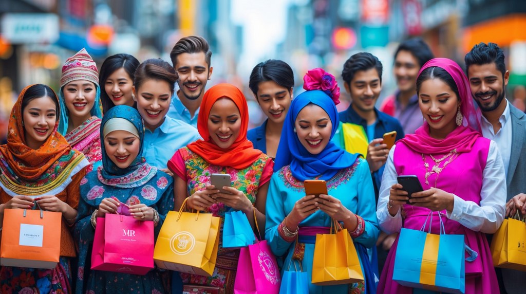 A collage of shoppers from various cultures each holding packages or using mobile devices.