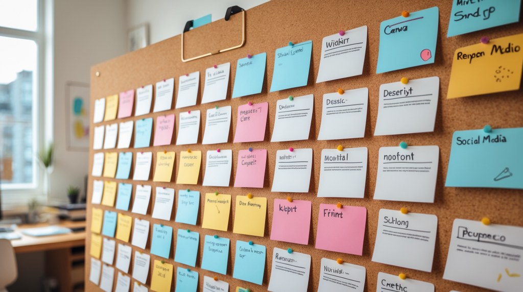 A corkboard with post it notes on it with names of different content repurposing tools.