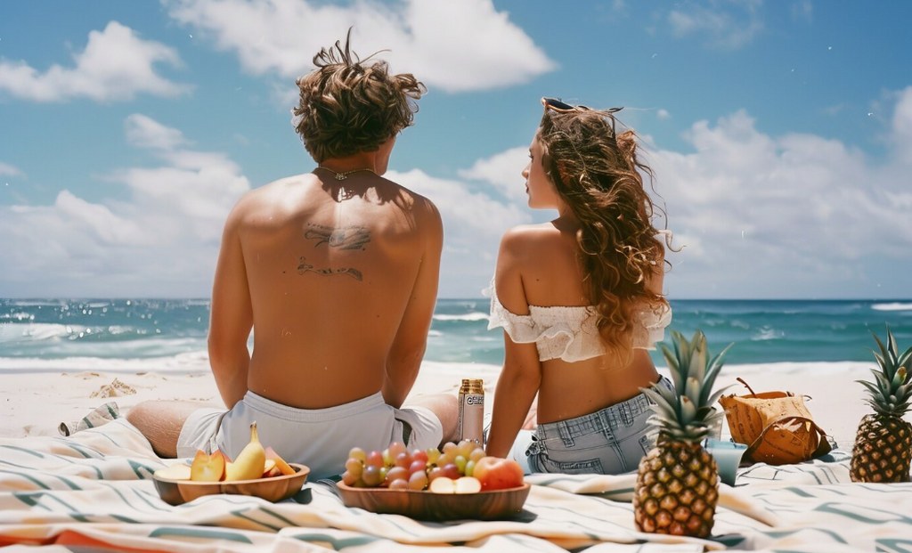 A couple enjoying a picnic together at the beach.