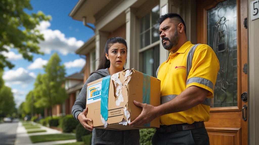 A delivery person handing over a damaged box to a disappointed customer at their door.